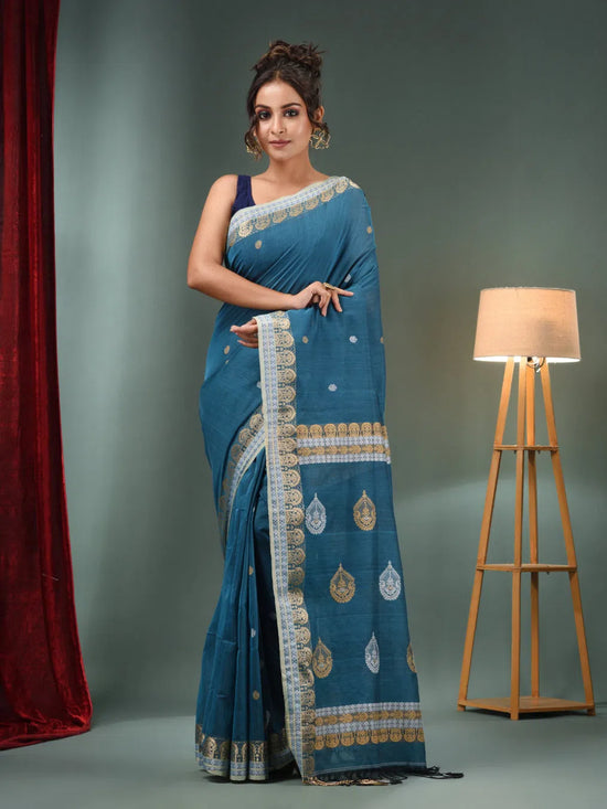 Yale Blue Cotton Handwoven Saree With Woven Designs-MA50CT061410089