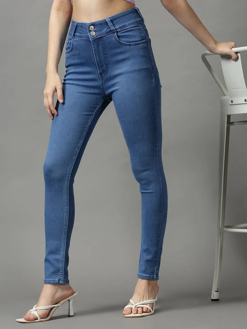 Women's Blue Solid Skinny Fit Denim Jeans-GZ-5281-2-Blue