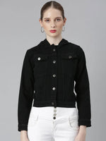 Women Black Solid Denim Jacket-GZ-9510-Black