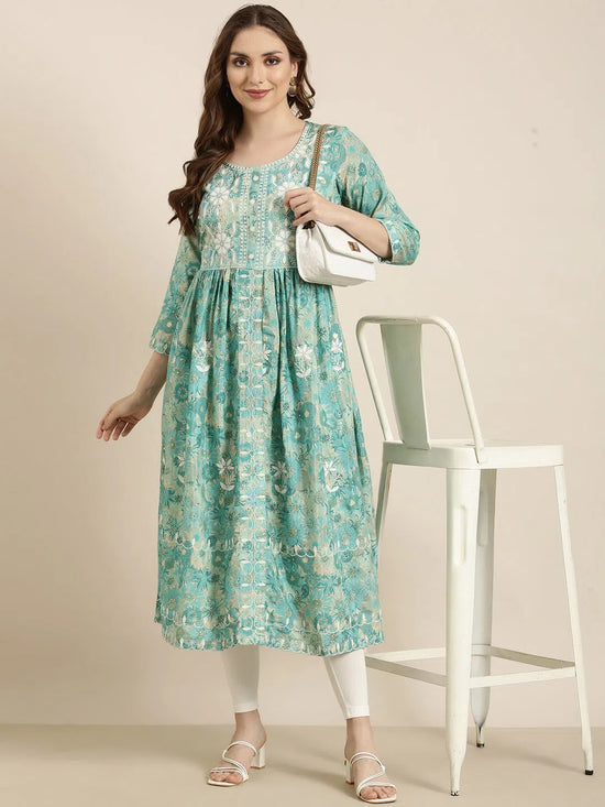 Women Anarkali Turquoise Blue Floral Kurta-AT-1180-LG-Turquoiseblue