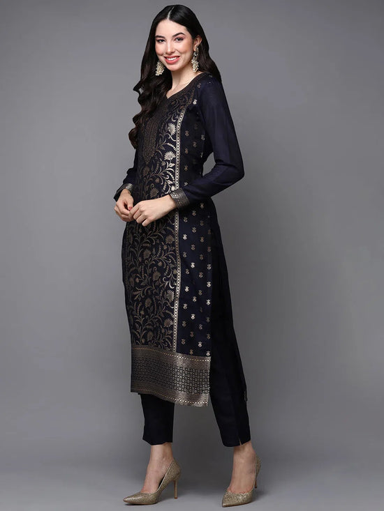 Ahika Women Navy Blue Poly Chanderi Woven Design Straight Kurta Pant Set With Dupatta