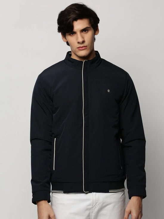 Men Navy Solid Casual Bomber Jackets-ZD-3500-Navyblue