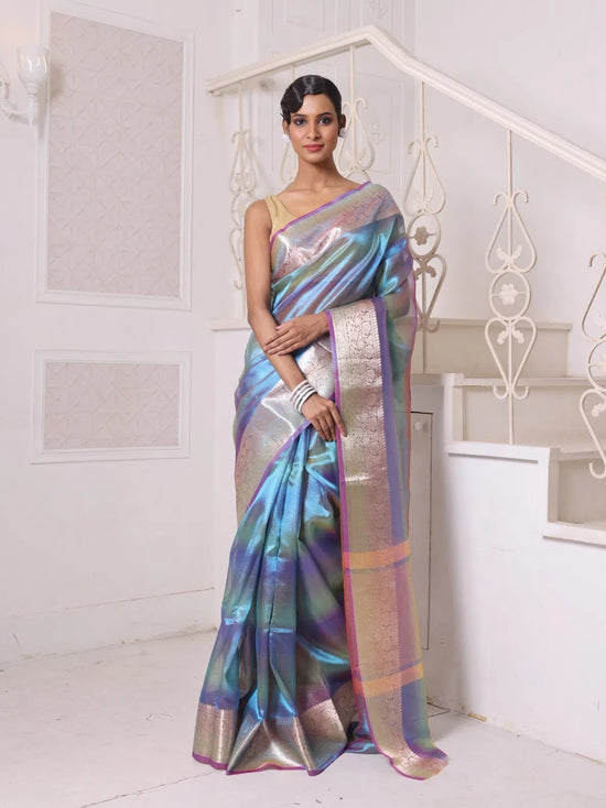 Teal Dual-Tone Tissue Saree With Zari Borders-MA64TIS46610002