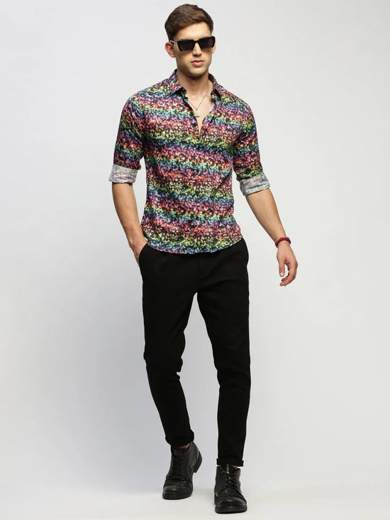 Men Black Floral Shirt-PRISM-1699-Black