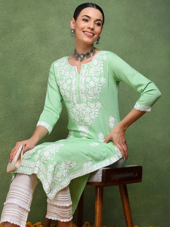 Ahika Women Green Viscose Rayon Solid Embroidered Straight Kurta