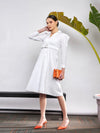 Women White Poplin Ruched Belted Shirt Dress