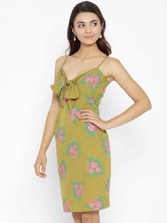 Front Tie Knot Rose print Mini Dress in Olive Color