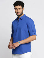 Men Blue Solid Shirt Collar Casual Short Kurta-LAGOM-2006-Blue