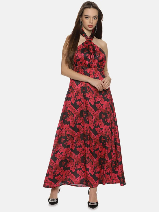 Floral Red Halter Maxi Dress-17298