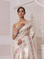 All Over Thread Embroidery Beige Tissue Saree With Zari Borders-MA64TIS461600006