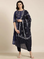 Women Anarkali Navy Blue Ethnic Motifs Kurta and Trousers Set Comes With Dupatta-GW-3378-Navyblue