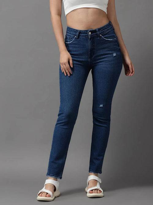 Women's Navy Blue Solid Slim Fit Denim Jeans-GZ-5206-Navyblue