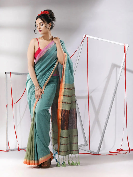 Ice Blue Patli-Pallu Cotton Saree With Stripes Zari Borders-MA55CT06520103