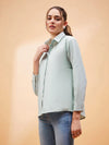 Women Green Striped Oversized Shirt