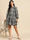 Mini Printed layered dress with balloon sleeve in Black and Cream Print