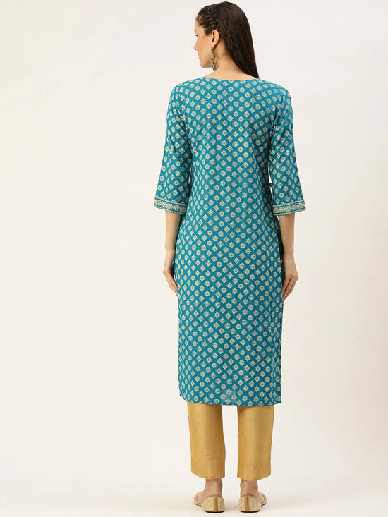 Women's Blue Printed Straight Kurtas-AT-A250-K-Blue