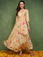 Ahika Women Cream Silk Blend Floral Embroidered Maxi Ethnic Dress with Longline Shrug