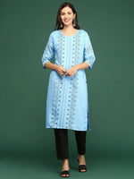 Women Blue Printed Straight Kurta-DF-1568-Blue