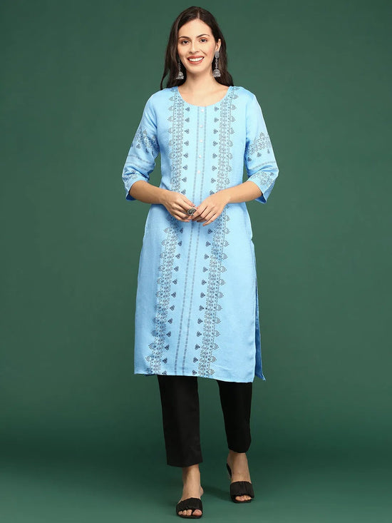 Women Blue Printed Straight Kurta-DF-1568-Blue