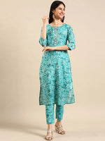 Women's Turquoise Blue Printed Kurta Set-SKC-3369-Turquoiseblue