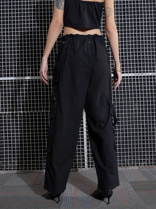 Women Black Poplin Multi Pocket Cargo Pants