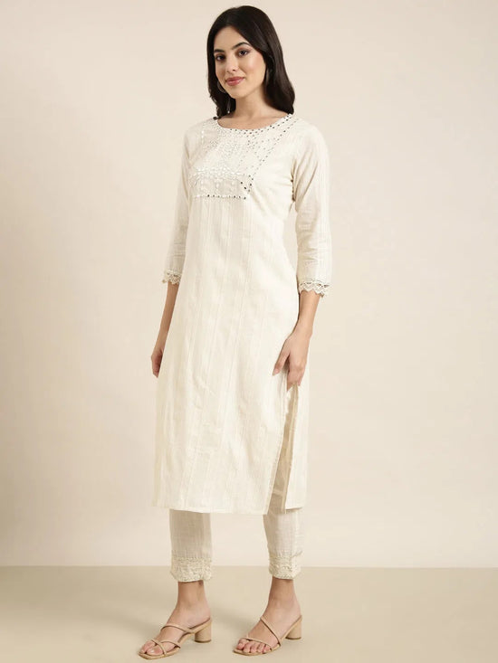 Women Straight Cream Solid Kurta and Trousers Set Comes With Dupatta-UB-2637-Cream