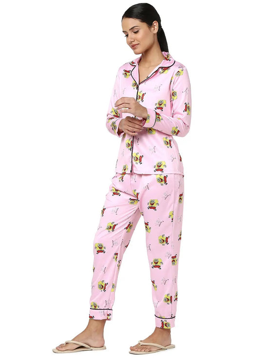 Smarty Pants Women's Silk Satin Baby Pink Color Quirky Print Full Sleeves Night Suit