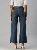 Women's Blue Solid Wide Leg Denim Jeans-GZ-5073C-Blue