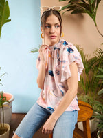 Women Peach Floral Smocked Neck Regular Top