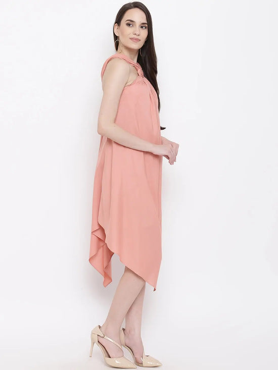 Draped ring neck flare dress in Dusty Pink