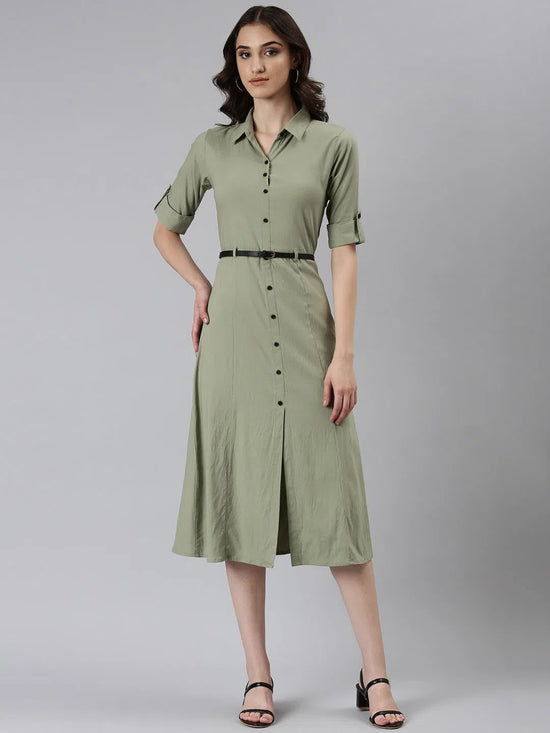 Women Green Solid A-Line Dress-DF-4784-Green