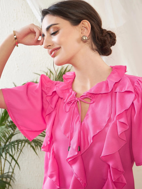 Women Pink Short Sleeves Ruffle Top