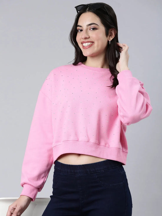 Women Self Design Pink Crop Sweatshirt-7004-Pink