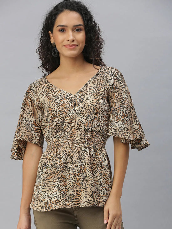 Women's Beige Printed Tops-AE-10306-A-Beigeblack