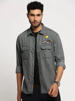 Men Grey Spread Collar Solid Oversized Shirt-SMILEDENIM-4916-Grey