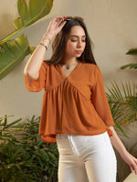 Women Rust Dobby V-Neck Peplum Top