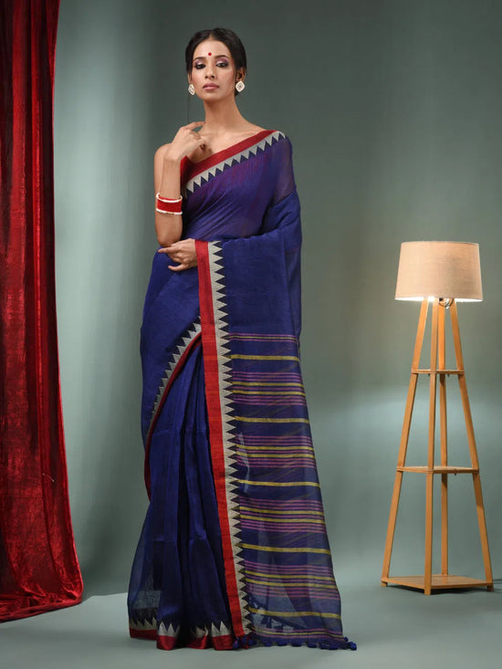 Blue Silk Linen Handwoven Saree With Temple Border-MA50SLN061100095