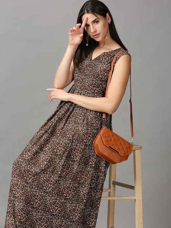 Women's Brown Floral Fit and Flare Dress-AE-15748-Brown