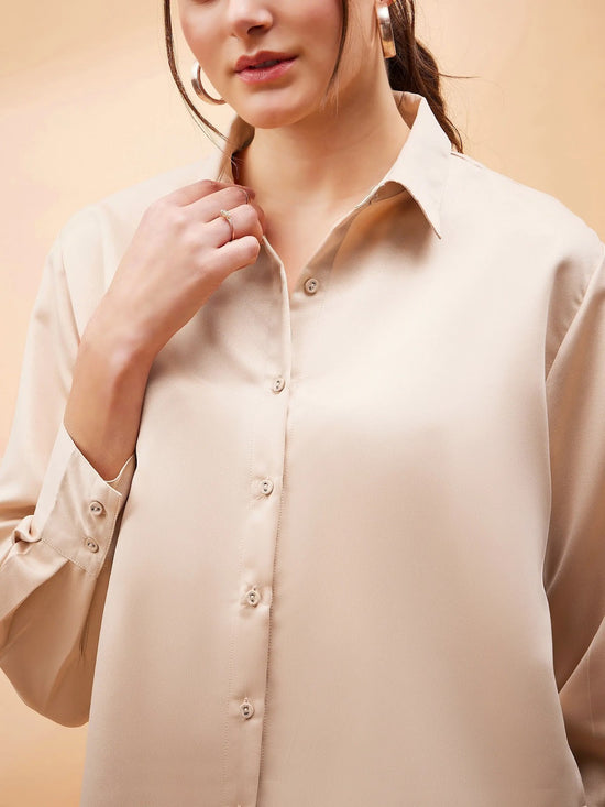 Women Beige Solid Satin Regular Shirt