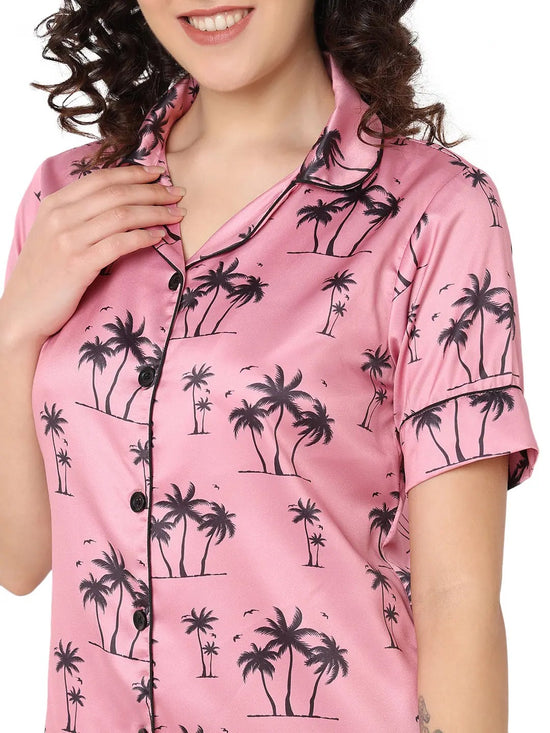 Smarty Pants Women's Silk Satin Pink Color Palm Tree Printed Night Suit