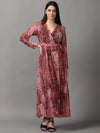 Women's Pink Printed Wrap Dress-ON-12-Rose