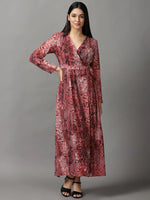 Women's Pink Printed Wrap Dress-ON-12-Rose