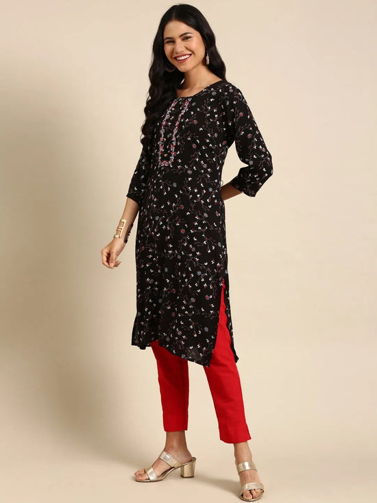 Women's Black Printed Straight Kurta-DF-1426-Black