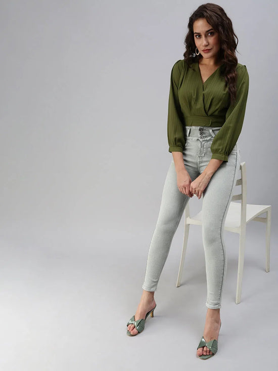 Women's Olive Striped Top-AE-10314-Olive