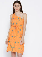 One shoulder overlap cross tie Printed Dress in Peach