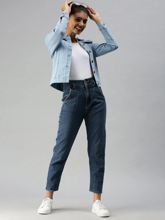 Women's Blue Solid Denim Jacket Jackets-AG-7901-Blue