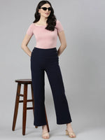 Women Navy Blue Solid Parallel Trouser-LT-KN-249-Navyblue