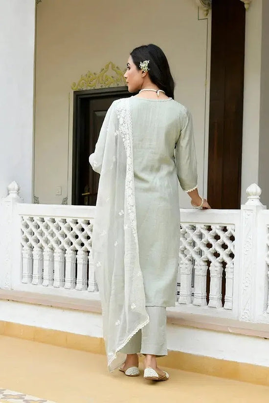 Vaasva Women Pista Linen Embroidered Solid Kurta Set With Solid Pants & Chiffon Embroidered Dupatta-142-Vaas-Pista