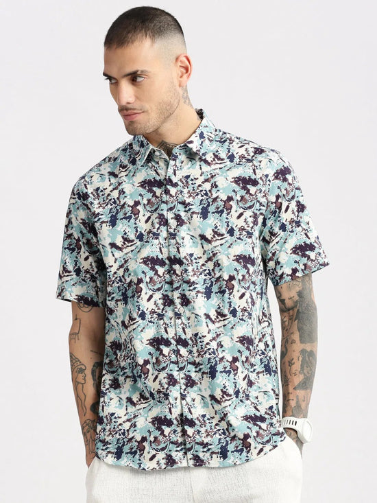 Men Spread Collar Abstract Sea Green Casual Shirt-REVERIE-2106-Seagreen