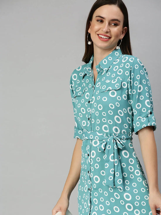 Women's Green Printed Shirt Dress-AE-444943-Seagreen